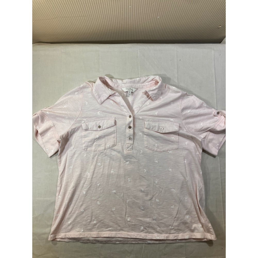 Coral Bay Petite‎ Pink Flamingo Print Collared Short Sleeve Polo Shirt Women PL